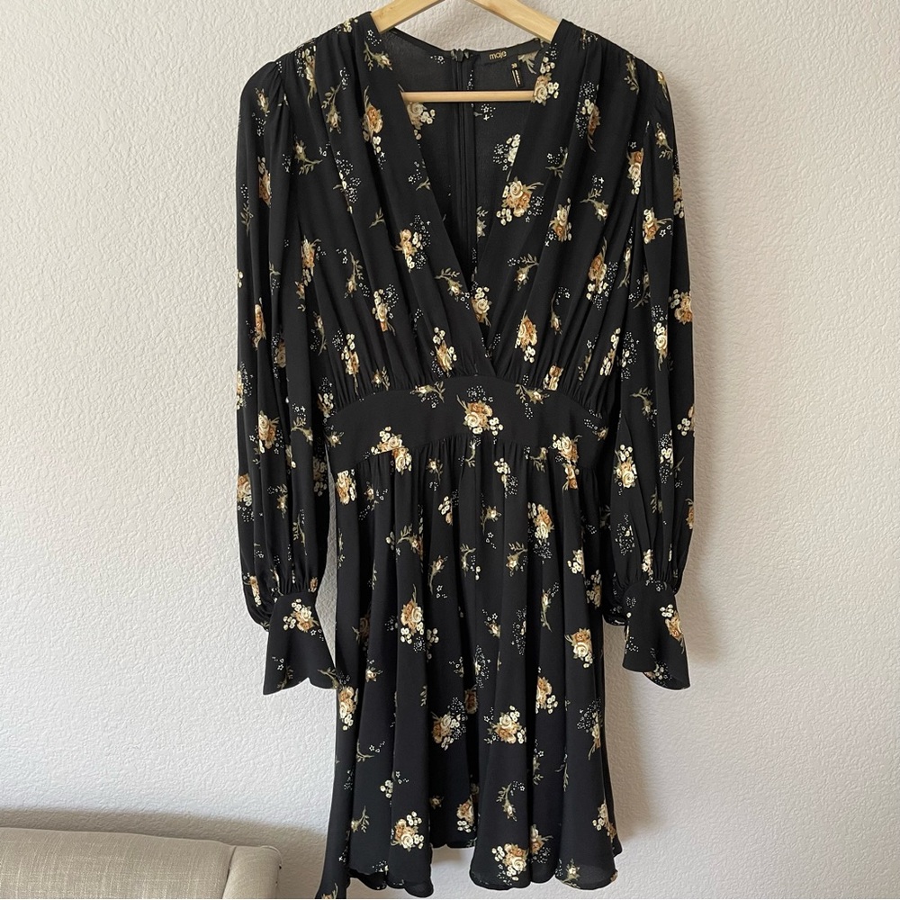 Maje Floral Long Balloon Sleeve Mini Dress, Size 6 US/38 FR